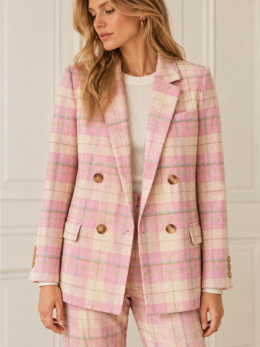 Sézane Christie Jacket in Pink Check Print 100% wool